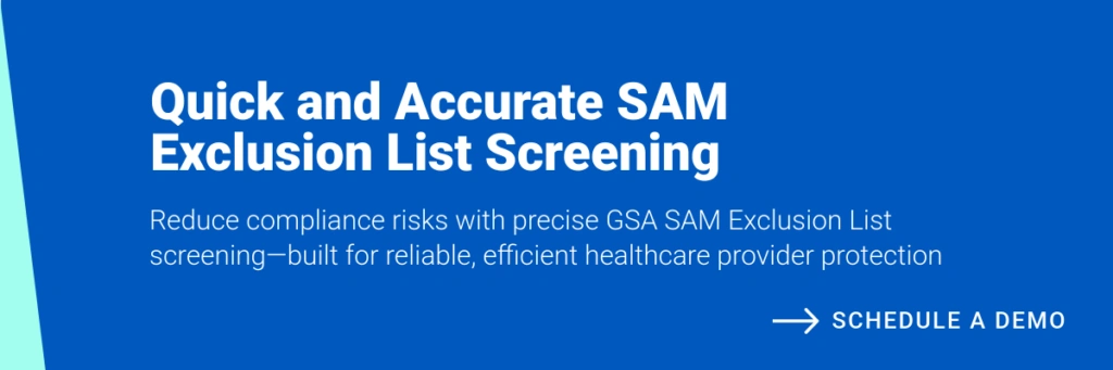 Banner depicting reduction in compliance risks associated with GSA SAM exclusion list screening for healthcare providers.